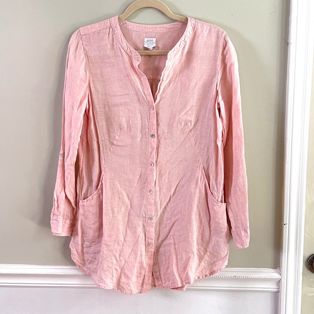 Sigrid Olsen Linen Tunic S Womens Roll Tab Button Down Pocket Pink Coastal